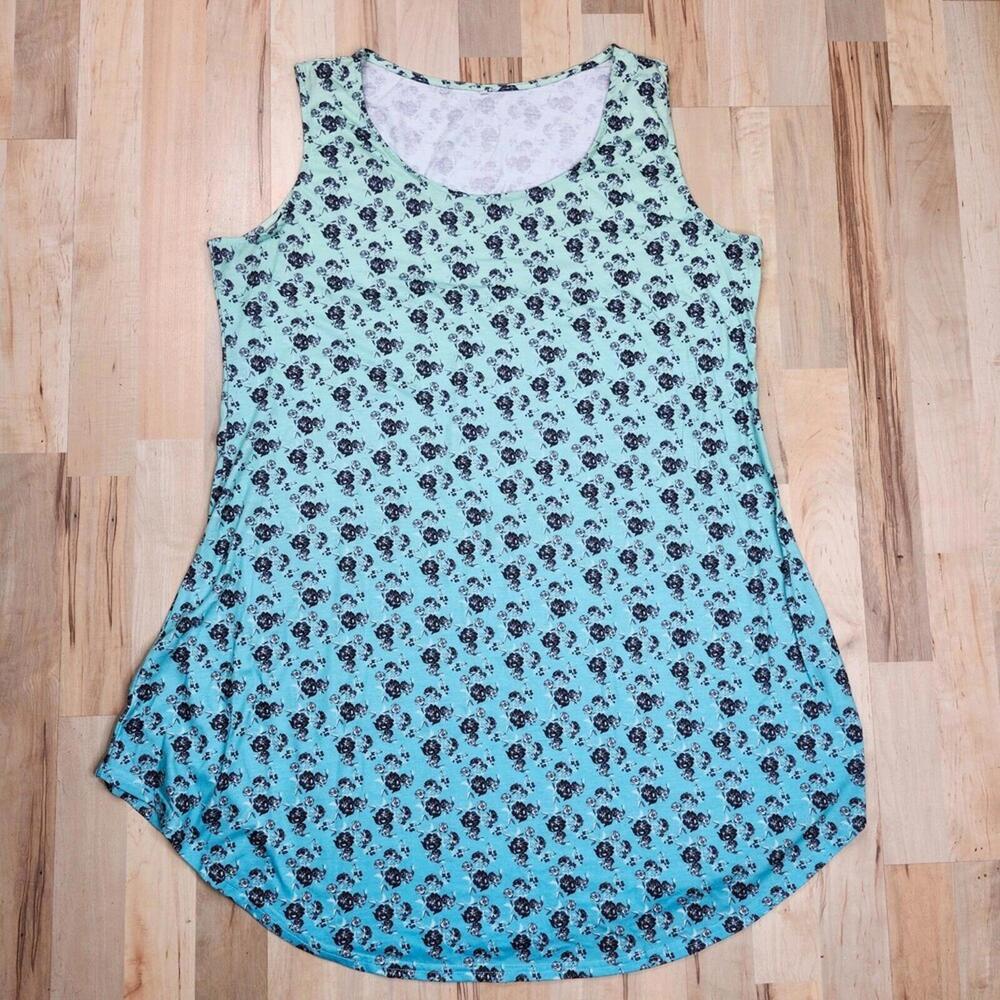 Aqua Blue‎ Floral Ombre Sleeveless Scallop Hem Sundress SleepShirt Plus Queen 2x